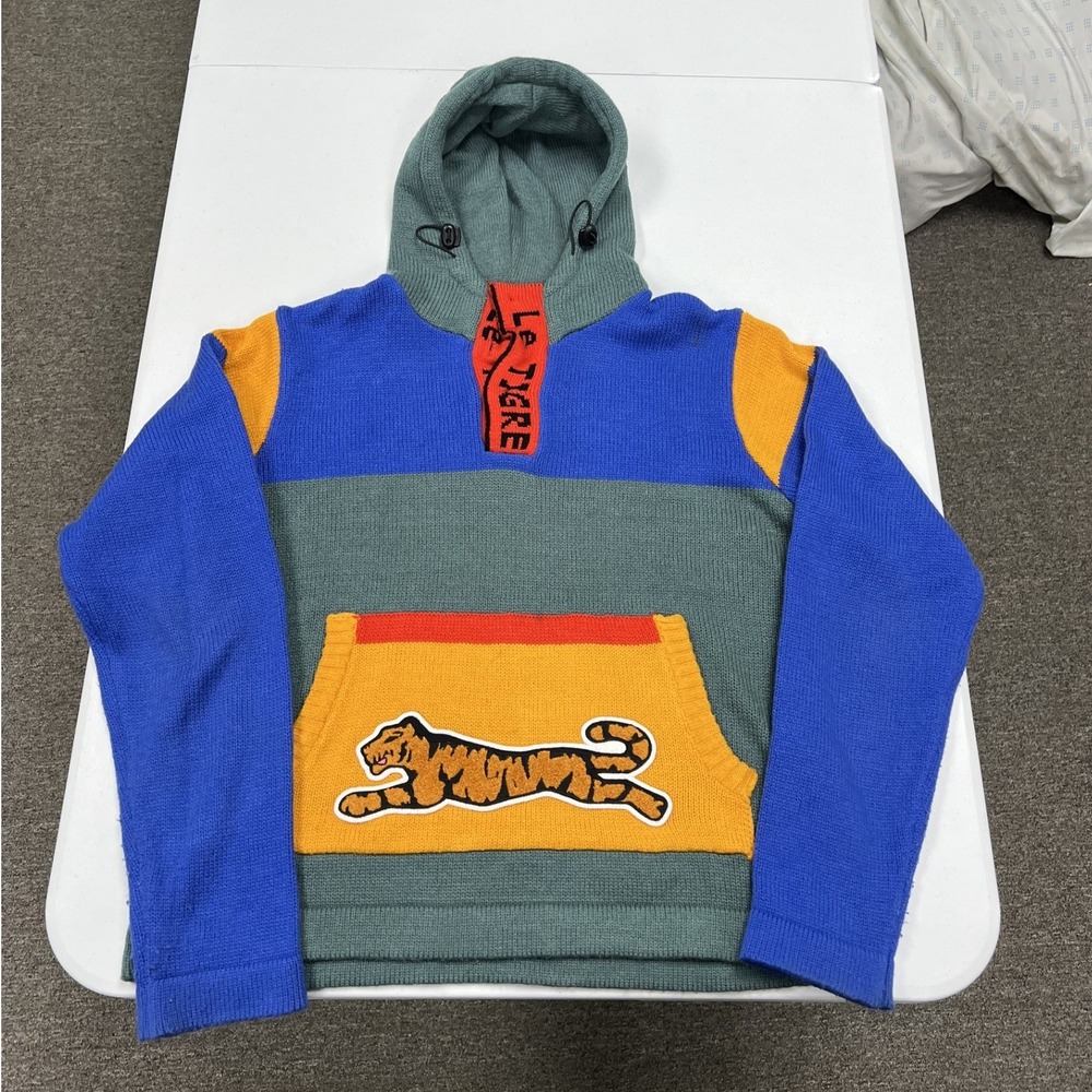Le Tigre Knit Hoodie Men XL Blue Green Colorblock Tiger Patch Zip Sweater